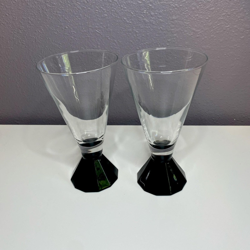 Art Deco Black Base Wine Glasses Set of 2 Vintage French Barware 5" 1980s-90s